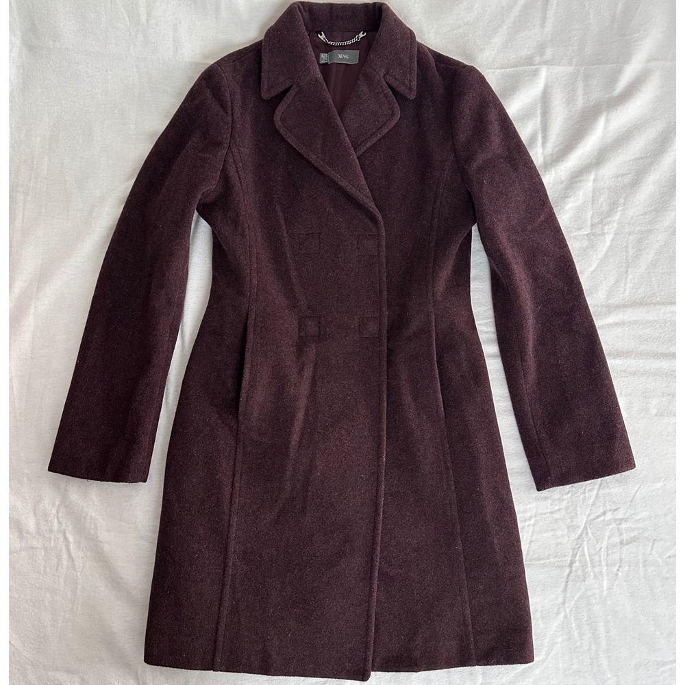 MNG Wool Blend Double Breasted Coat XS Magnetic Burgundy Plum Dark Academia